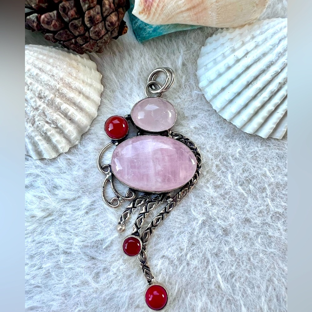 925 Stearling Silver Rose Quartz & Carnelian Pendant